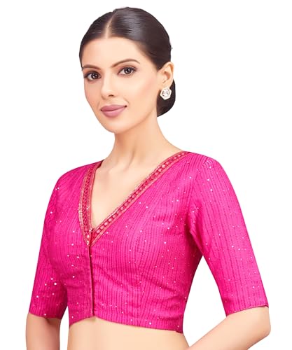 Studio Shringaar Women's Readymade Polyester Elbow Length Sleeves Saree Blouse with Mirror Work