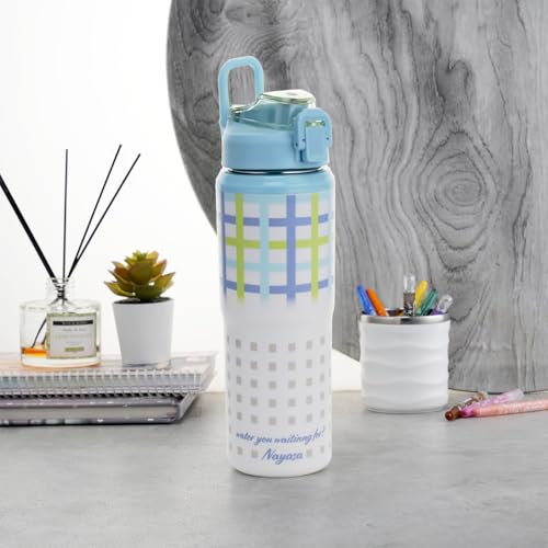 Image of Nayasa Duo-Sip Water Bottle - 730ml | Checkered Design | BPA-Free, Dual Sip Modes | Leak-Proof, Insulated Steel Inner | Great for School, College, Work, Sports | Sky Blue