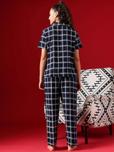 Image of Clovia Women's Cotton Classy Checks Shirt & Pyjama