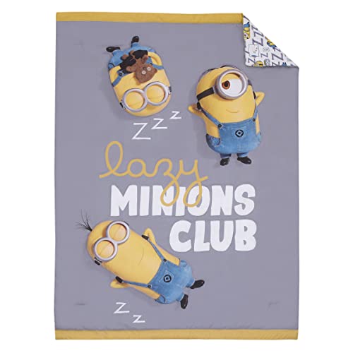 Image of Illimuniation Lazy Minions Club Gray, Blue, Yellow, and White Let Me Sleep 4 Piece Toddler Bed Set - Comforter, Fitted Bottom Sheet, Flat Top Sheet, and Reversible Pillowcase