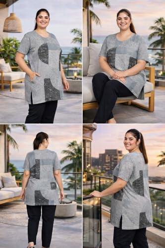 Image of RYSH Women's All-Over Printed Cotton Plus Size Longline T-Shirt with Pockets