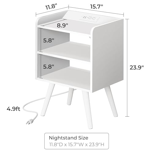 Image of Huuger Night Stand with Charger Station, White Nightstand, Bedside Table, 3 Tier End Table with Solid Wood Feet, Slanted Power Panel, Side Table with Storage for Bedroom