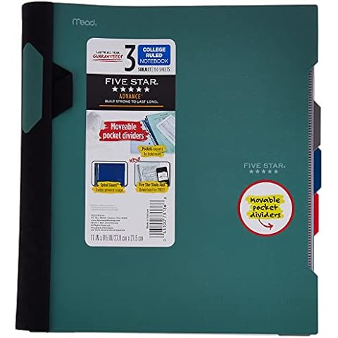 Five Star Advance Spiral Notebook + Study App, 3 Subject, College Ruled Paper, 11" x 8-1/2", 150 Sheets, With Spiral Guard and Movable Dividers, Seaglass Green, 1 Count (73136) Cover