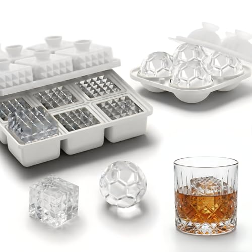 Image of Premium Combo of Large 3D Crystal Square Ice Cube Tray & Football Shaped Silicone Molds for Chilling Drinks, Chocolates, Juice, Jelly and Many More. Pack of 2 (White)