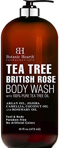 BOTANIC HEARTH Tea Tree Body Wash with British Rose Extract, Helps with Nails, Athletes Foot, Ringworms, Jock Itch, Acne, Eczema & Body Odor, Soothes Itching & Promotes Healthy Skin and Feet, 16 fl oz