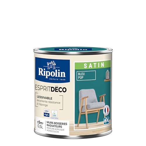 RIPOLIN - Peinture Intérieure Multi-Supports – Murs, Boiseries & Radiateurs – Ultra-Couvrante – Lessivable – Application Facile – Ecolabel - Satin - 0,5L - Bleu Pop