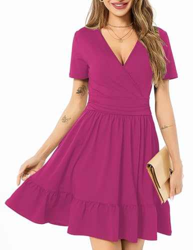 Image of Women's Fashion Summer Causal Short Sleeve Dress V Neck Beach Party Dresses with Pockets