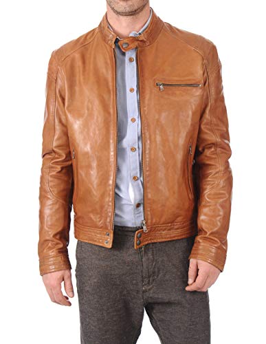 Image of 100% Leather Jacket for Men - Round Collar Slim Fit - Moto, Bomber, Biker Winter Casual Wear