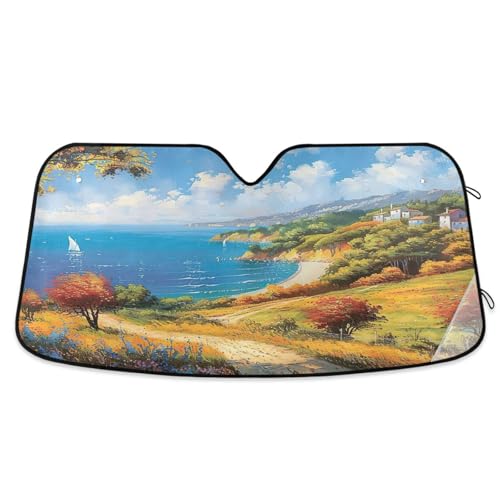 Parabrezza parasole pittura paesaggio collinare spiaggia, copertura pieghevole per finestrino anteriore, protezione solare per auto, 140 x 70 cm