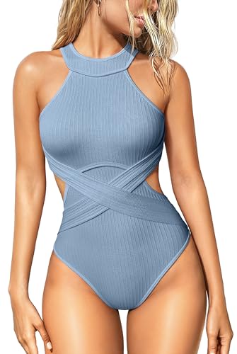 OQQ Women's One Piece Swimsuits Tummy Control High Waisted Cross Bathing Suit Wrap Tie Back 1 Piece Swimwear Haze Blue