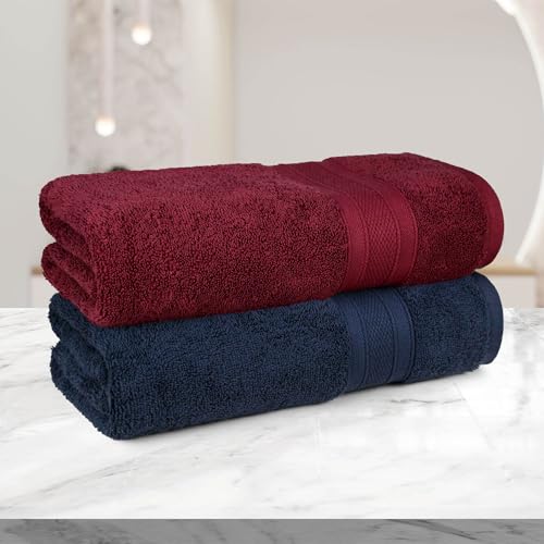 Image of MYTRIDENT Soft Comfort Air Rich 100% Cotton Towels for Bath, 500 GSM Large Size Bathroom Towels for Men /Women, 2PC Bath (69 cm x 137 cm), Wine red and Navy