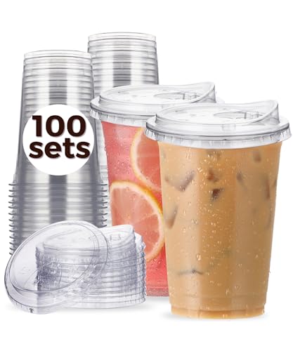 100 Pack 20 oz Clear Plastic Cups with Strawless Sip Lids, Disposable Cups Plastic Iced Coffee Cups, To Go Cups with Sip Through Lids for Smoothie, Milkshake, Cold Drinks for Party, Wedding, Event
