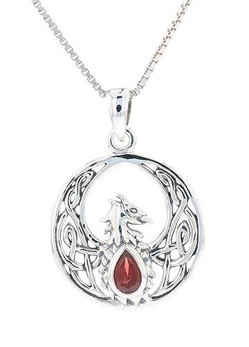 Jewelry Trends Silver Celtic Phoenix Pendant Necklace with Garnet 18