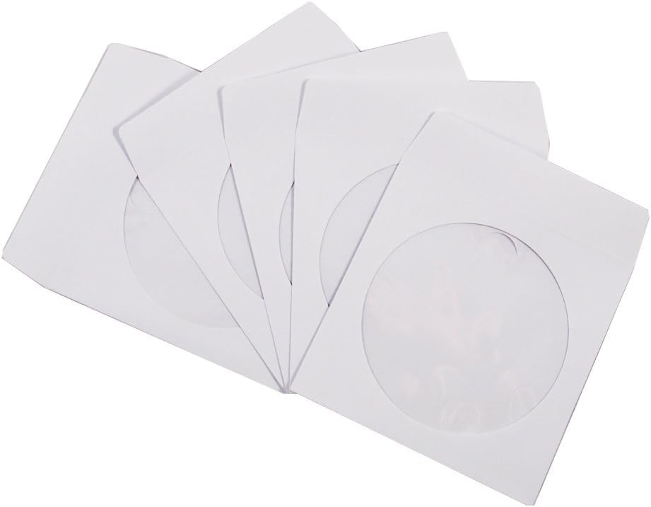 Paper CD DVD Sleeves CD Envelopes Disc Storage with Window Cut Out and Flap for CD, DVD, BlueRay (250 Pcs Pack, White)
