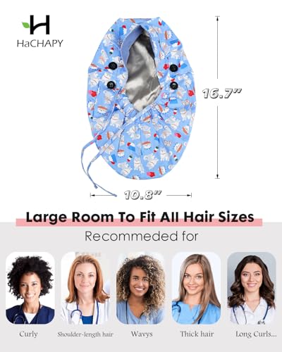 Image of Satin Lined Scrub Cap for Women Extra Large Long Hair Surgical Nurse Cap 4 Buttons