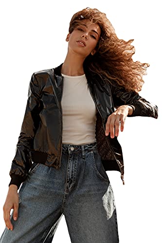 Selente #Fashionista Damen glänzende Bomberjacke in modischem Design, Größe M, Schwarz glänzend