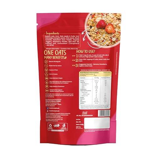 Image of Health Ninja Strawberry Oats | High Protein Breakfast Cereal | Ideal for Oatmeal & delicious snacks | 900 gm Pack (900, Strawberry)