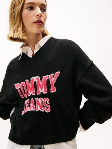 TOMMY HILFIGER TJW VARSITY VNECK SWEATER Kadın Kazak, Siyah, S - Görsel 5