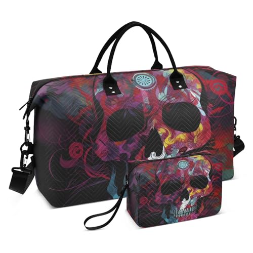 Large Travel Duffel Bag, Abstruct Skull Sports Tote Gym Bag, Shoulder Weekender Overnight Bag for Women Men, Carry On Luggage with Toiletry Bags