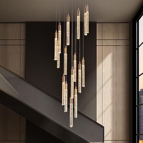 Siljoy 16-Light High Ceiling Chandelier Dimmable LED Staircase Chandelier Gold for Entryway 118" Modern Crystal Bubble High Ceiling Pendant Light for Foyer Living Room Hallway