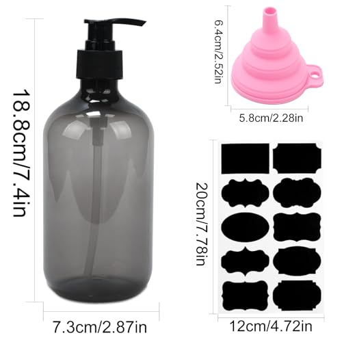 2 STK 500ml Seifenspender, Shampoo Flaschen zum Befüllen, Spülmittelspender, Leere Pumpflaschen Duschgel Dispenser für Küche Bad Lotionen Shampoos, mit Trichter & Etiketten (Grau)