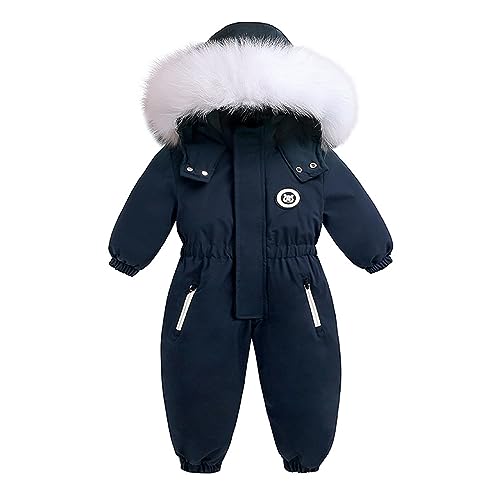 Infant Boy Girl Winter Jumpsuit Down Coat Romper Jacket with Furry Hood Snowsuit Windproof Parka (Navy, 6-12 Months)