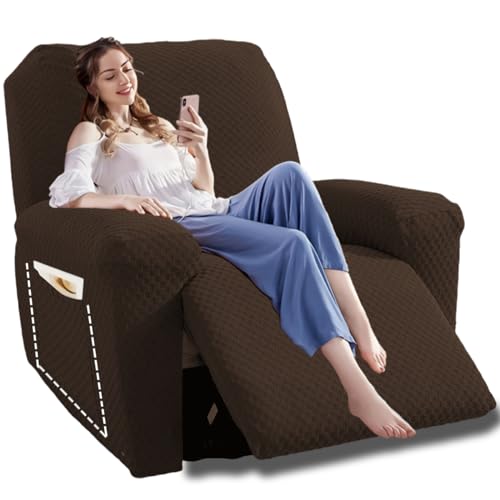 Image of YEMYHOM 4 Pieces Oversized Stretch Recliner Slipcover Jacquard Large Recliner Chair Cover with Side Pocket Anti-Slip Fitted Furniture Protector with Elastic Bottom (X-Large Recliner, Dark Coffee)