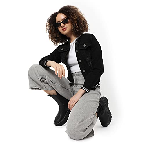 Image of Campus Sutra Women Black Regular Fit Denim Jacket For Winter Wear | Collared Neck | Full Sleeve | Buttoned | Casual Jacket For Woman & Girl | Western Stylish Jacket For Women