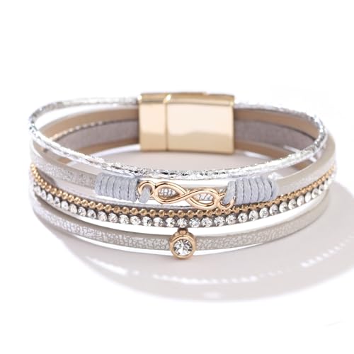 Boho Multi-Layer PU Leather Cuff Bracelet for Women Rhinestone Clasp Bracelets