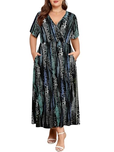 Image of BELAROI Womens Plus Size Maxi Dress Summer Wrap V Neck Flowy Long Sundress Beach Dresses with Pockets