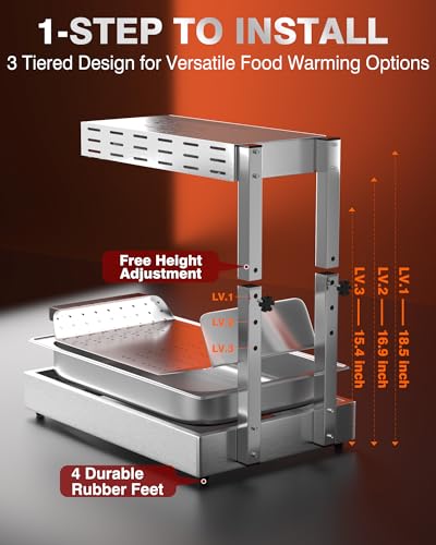 Image of PYY French Fry Warmer - Commercial Food Heat Lamp Chip Warmer, Adjustable Height 15.4 inch-18.5 inch Food Warmer Temp 86F-156F Countertop Freestanding Food Truck Restaurant Buffet
