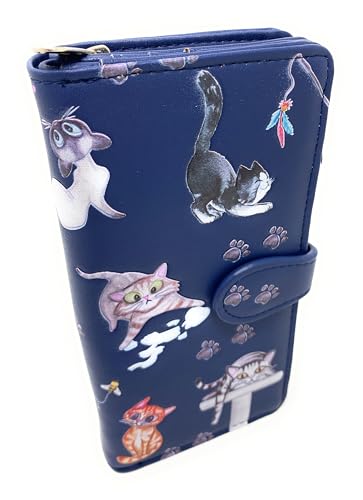 Shag Wear Playful Cats Large Wallet for Women and Teen Girls Vegan Faux Leather Blue 7