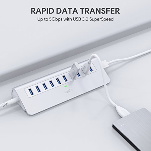 AUKEY Powered USB Hub, Aluminum 10 Port USB 3.0 Data Hub with 12V/3A Power Adapter, 3.3ft USB Cable for MacBook Air, Mac Mini, iMac, Laptop, PC, USB Flash Drives, HDD Hard Drive (Silver)