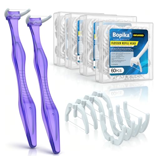 Bopika Filo interdentale, filo interdentale extra resistente, con 2 manici riutilizzabili e 240 testine di ricarica a scatto, kit completo di filo interdentale per parentesi graffe e pulizia profonda