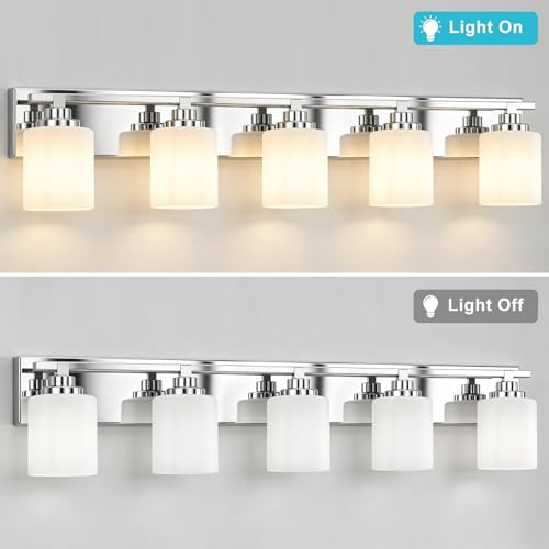 Image of Modern Bathroom Lighting Fixtures Over Mirror, Vanity Lights for Bathroom, Wall Sconces with Milky White Glass Shades, E26 Ceramic Socket, 5-Light 35.4-inch Chrome