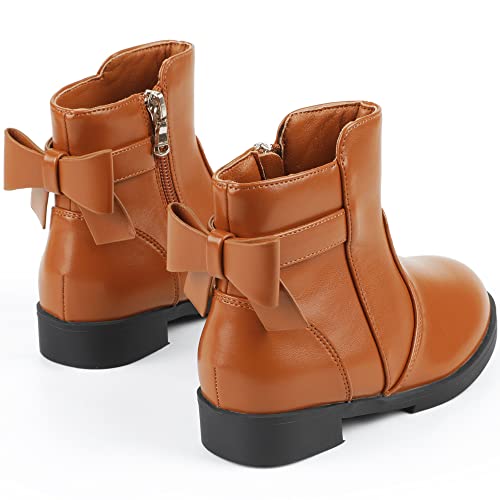 PANDANINJIA Polly Girls Boots Toddler Kids Ankle Boots Dress Short Bow Booties with Side Zipper (Brown Pu, 13 M US Little Kid)2