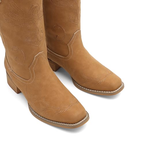 Image of DREAM PAIRS Women's Square Toe Cowboy Cowgirl Boots Pull On Low Chunky Heel Mid Calf Western Boots with Embroidered Stitched for Theme Party Country Concert