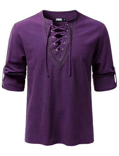 Image of JOGAL Mens Renaissance Shirt Medieval Pirate Viking Halloween Costume Gothic Steampunk Retro Long Sleeve Lace Up Shirts