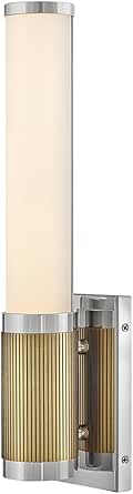 Hinkley Zevi Integrated LED Bath Wall Sconce, ADA Compliant, Etched Opal Glass Column, Modern Two-Toned Cuff, Mounts Up or Down, Modern Transitional, Lacquered Brass and Polished Nickel