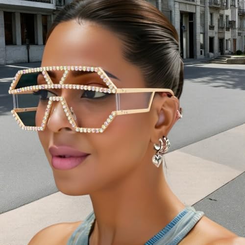 COTIA Oversized Vintage One-piece Rhinestone Big Frame Punk Shades Women Diamond Stoned Rim Luxury Flat Top Goggle Sunglasses4