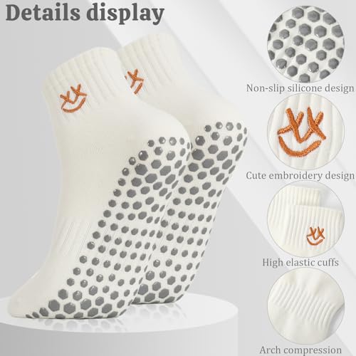 Jspupifip 4 Pairs Cute Pilates Socks with Grips for Women Non Slip Yoga Grippy Socks Embroidery Athletic Crew Sock for Yoga Barre Ballet Barefoot Workout3
