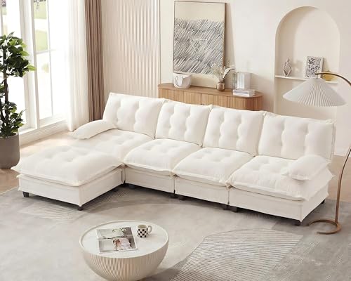 Image of 139 inch Sectional Sleeper Sofa with Ottoman, L Shaped Modular Deep Seat Couches for Living Room Apartment, Flexible Module Combination Cloud Sofa with Spring Support, Easy Assembly, White