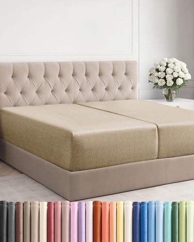 Image of Extra Deep Split King Fitted Sheet - Single Fitted Sheet - Heathered Tan | Easily Fits 18 inch to 24 inch Mattress, Soft, Wrinkle Free, Breathable & Comfy, Extra Deep Pockets Hotel Luxury Fitted Sheet