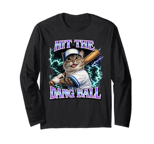 Funny Retro Pink Baseball Cat Mom Hit The Dang Ball Long Sleeve T-Shirt