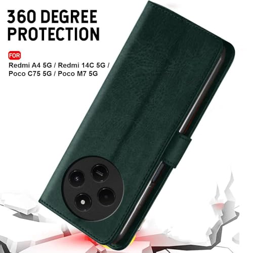 Image of Genuine Leather Finish Flip Back Cover Case for Mi Redmi A4 5G / Redmi 14C 5G / Poco C75 5G / Poco M7 5G | Inbuilt Pockets & Stand | Designer Button Magnet Flip Cover (Faux Leather (Green)