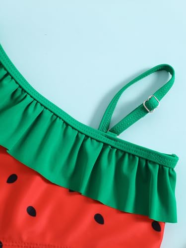 Image of Girl's Watermelon Print Two Piece Bikini Set One Shoulder High Waist Bathing Set Red 110