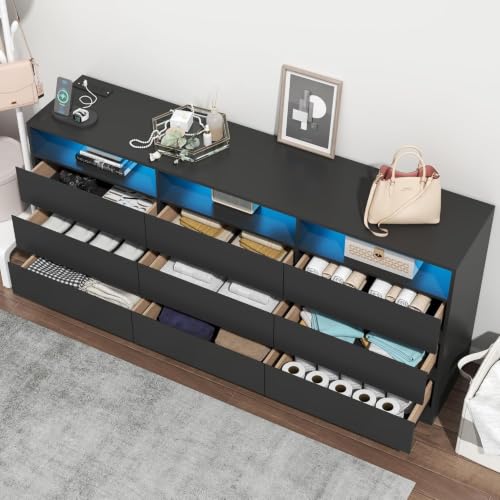 Image of Loomie 9 Drawer Dresser for Bedroom with LED Lights & Power Outlet