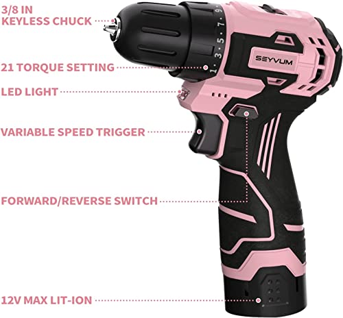 Seyvum C11 Cordless Drill Set, [Compact] [Powerful Brushless Motor], 12V Electric Drill 350 In-Lb Torque, Power Drill With Tool Bag, 1H Fast Charger, Lightweight, Electric Screwdriver Drill Bits(Pink) #TOP6
