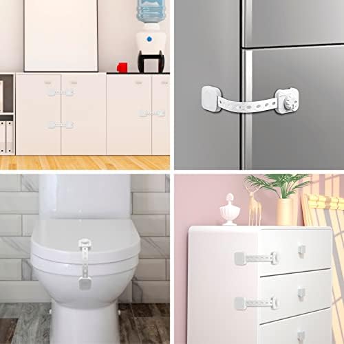 Cupboard Locks for Children, Adjustable Child Safety Locks with Upgraded Adhesive Double Lock System Locks for Cabinets, Drawer, Closet, Fridge, Refrigerator, Trash(6Pack,White)