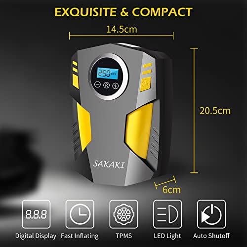 Image of Tire Inflator Portable Air Compressor Car Tire Pump with 3 Nozzle Adaptors and Digital LED Light DC 12V Electric Car Air Pump for Car Tires and Other Inflatables Yellow
